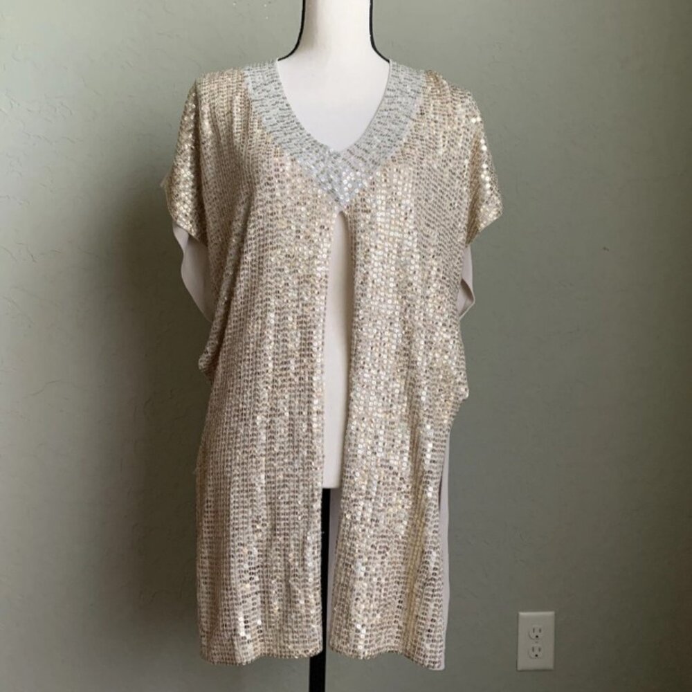 Chico’s Gold/Silver Sequin Embellished Poncho Cardigan Topper Vest Glam Sparkle - Picture 2 of 13